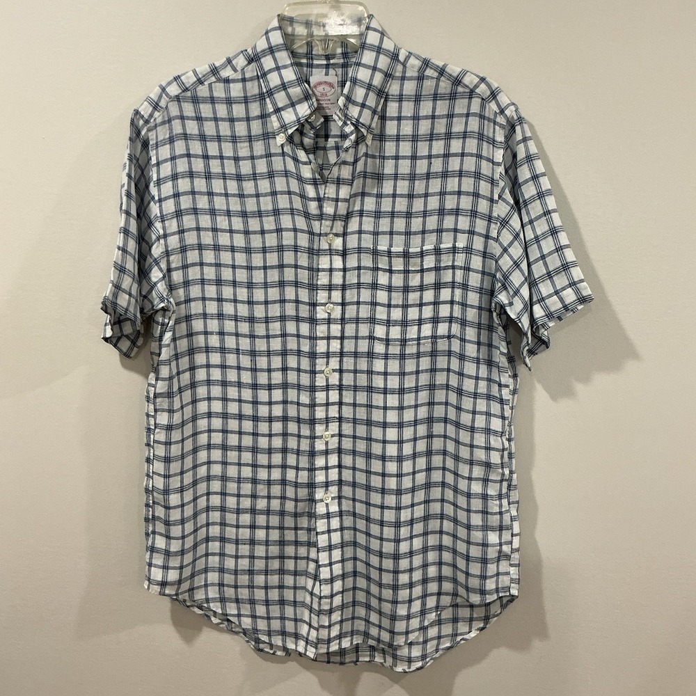 Brooks Brothers Madison 100% Linen Plaid Men's Button Down Shirt Blue White